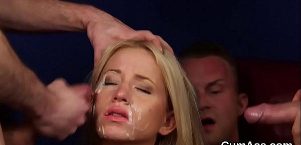  Slutty idol gets cumshot on her face eating all the cream